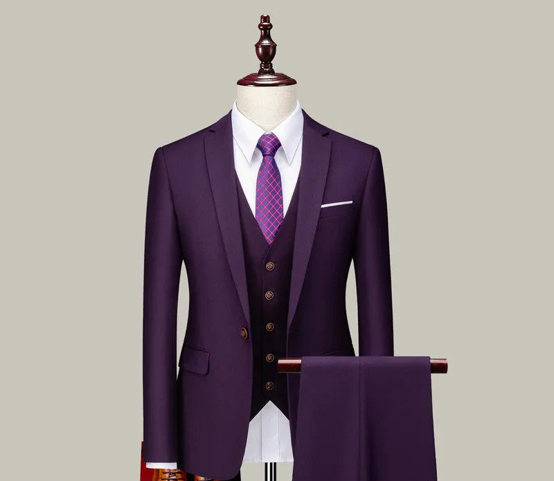Men's three-piece suit set in pure black with double button front and suit collar, side slit design, acetate fibre blend fabric