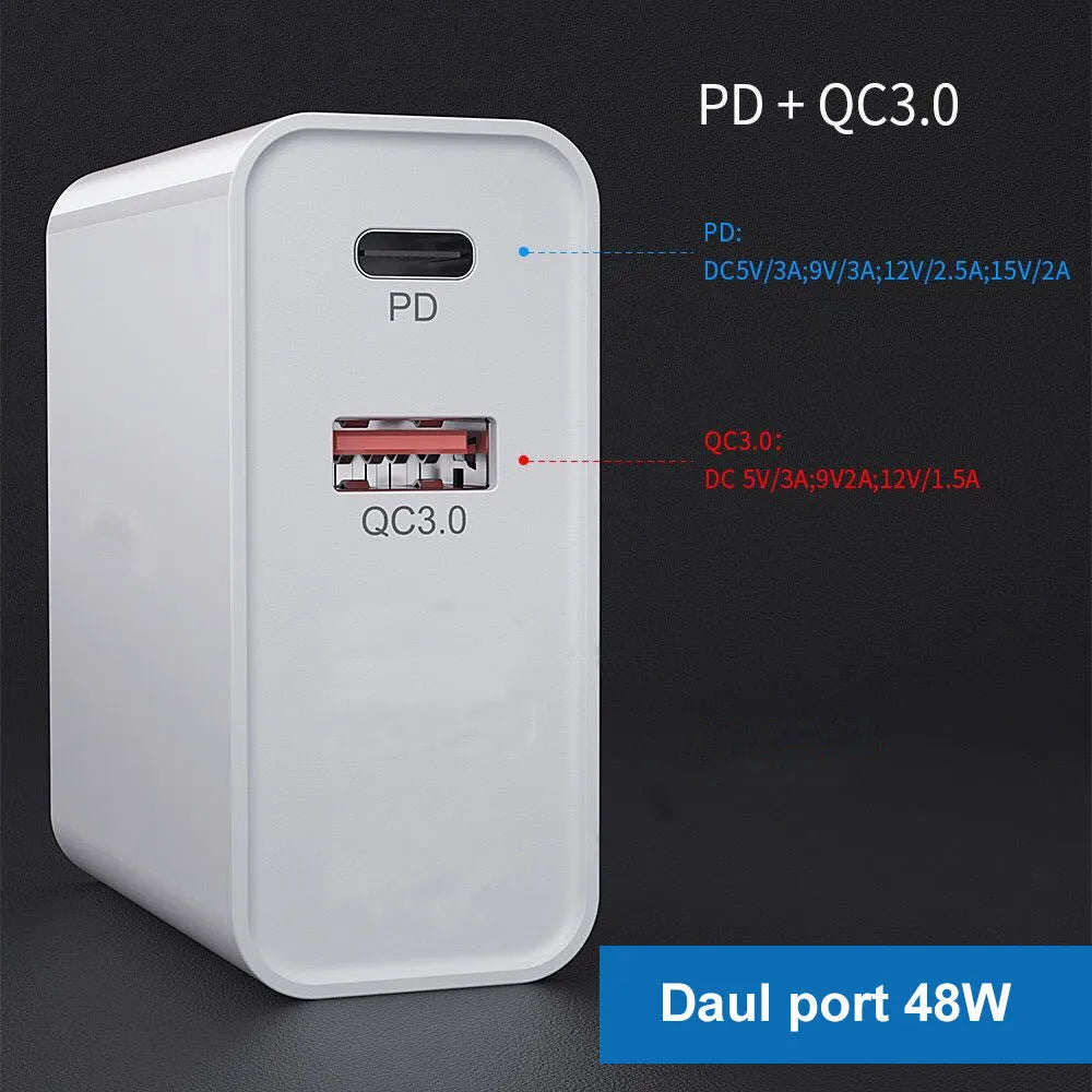 White multi-port fast charge wall charger with UK plug on a table.