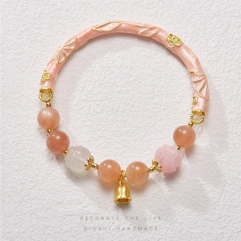 Chinese style handmade jade bracelet with sunstone Lily design in half-life liangyuan colour