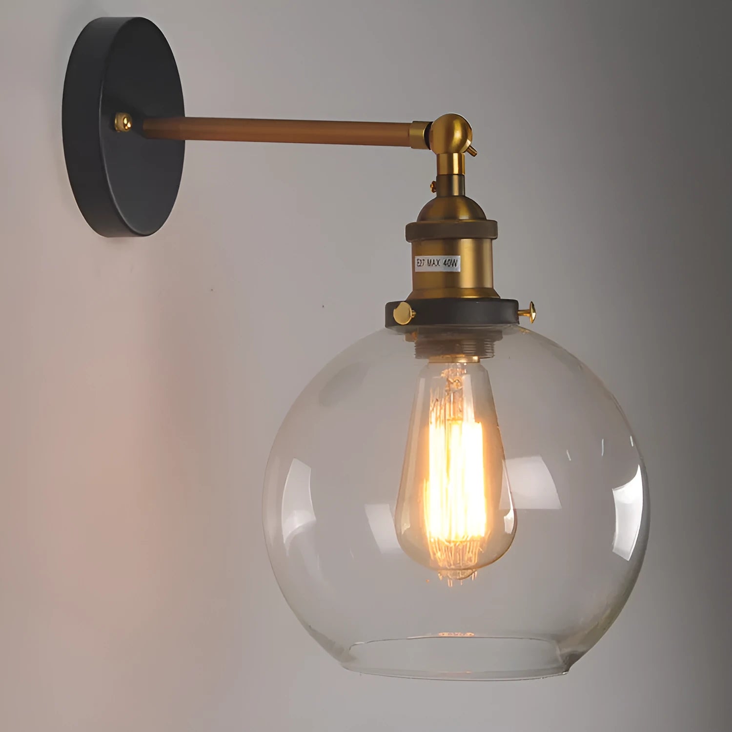 20cm diameter retro spherical glass wall lamp in amber, smoky grey, or transparent with aluminium holder.