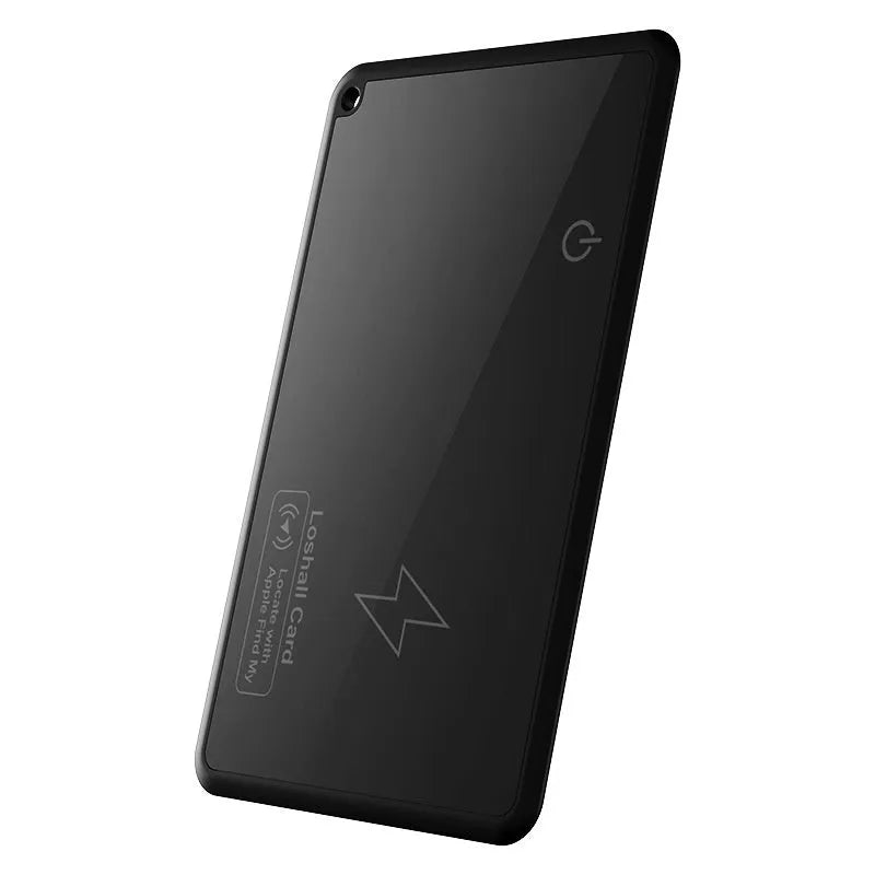Black locator smart wallet anti-loss alarm device made of ABS material measuring 85x54x3.28mm with 200mAh battery