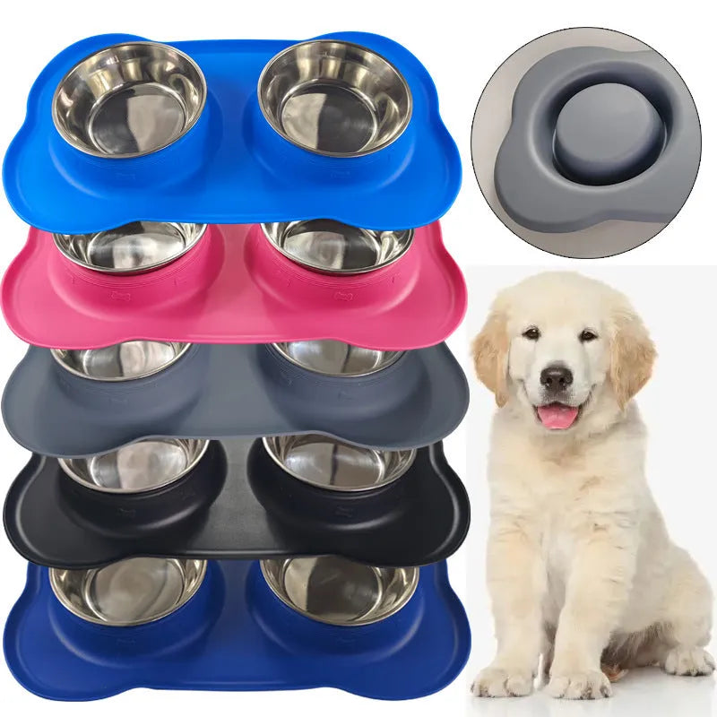 Large silicone dog bowl with a removable stainless steel food insert, shown in blue colour.