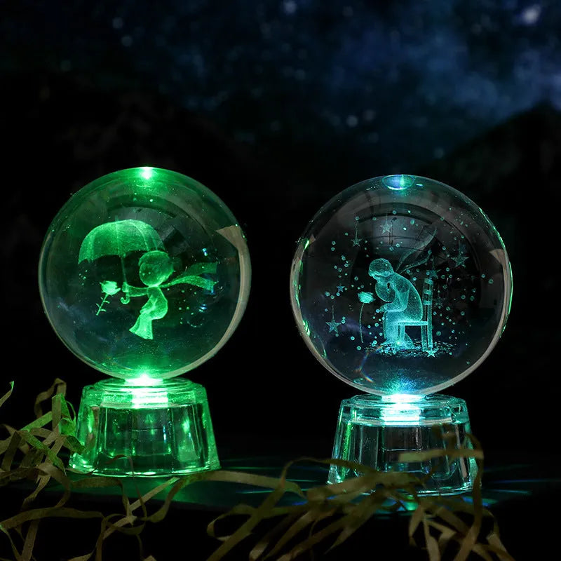Transparent 6cm crystal ball ornament with inner carving on a fixed base, modern minimalist decor.