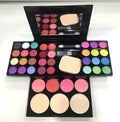Three-layer makeup box set open showing 24 colour eyeshadow, 8 colour lipstick, 4 colour blush, powder cakes and mirror