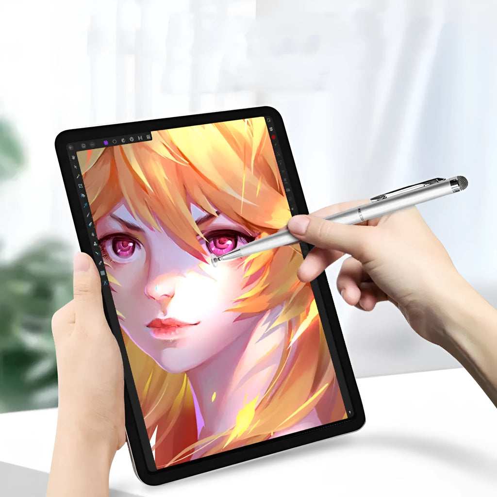 2-in-1 capacitive stylus with metal shell and cloth tip, 15cm, in black against white background