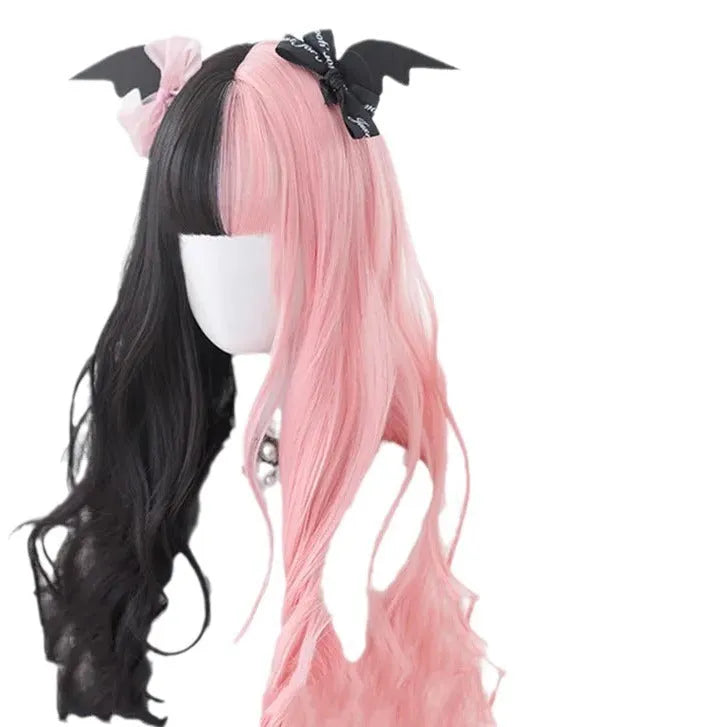 Harajuku Lolita long curly black and pink wig with bangs on a mannequin head