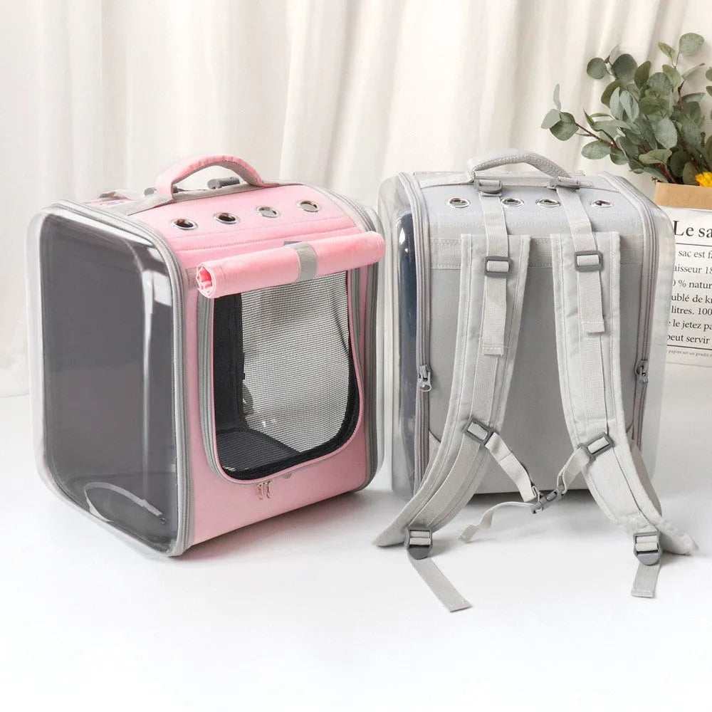 Portable cat backpack in agate grey with breathable mesh window and adjustable shoulder straps