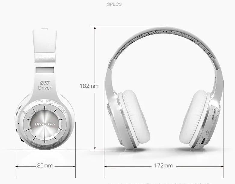 Wireless Bluetooth subwoofer headphones with 57mm driver in white, featuring PU earplugs and 1.2m cable