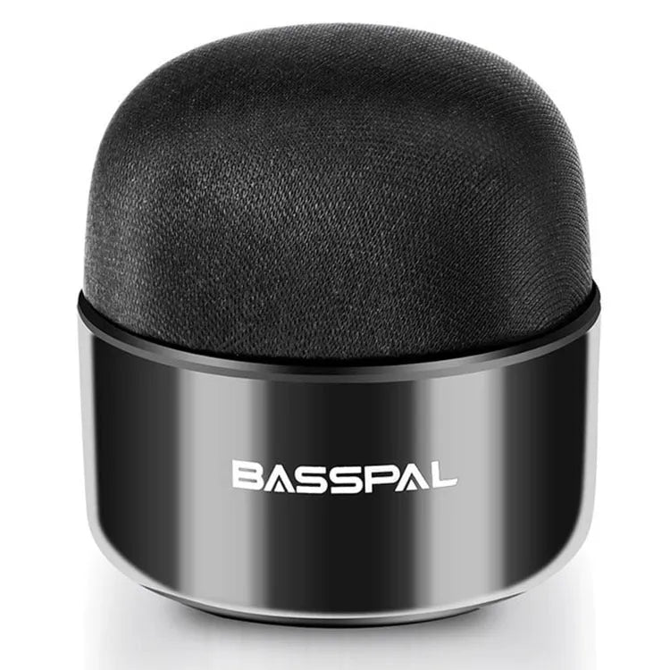 Black plastic portable mini Bluetooth speaker with IPX5 waterproof rating.