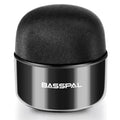 Black plastic portable mini Bluetooth speaker with IPX5 waterproof rating.