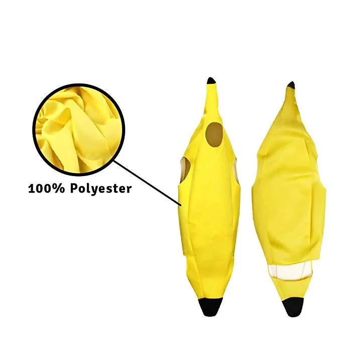 Yellow banana costume for adults made from polyester, available in sizes M and L