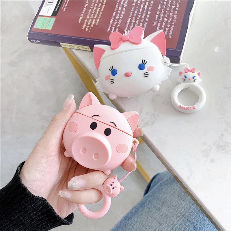Cartoon pig design silicone flip cover compatible with Apple AirPods 1 2 and 3 in pink colour