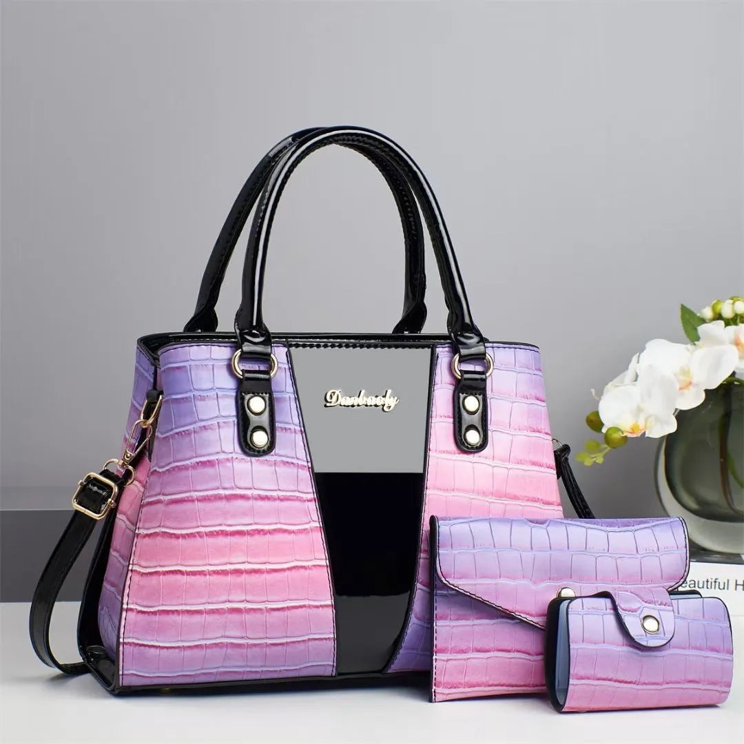 Women's crocodile stitch three-piece shoulder bag set in PU leather showing main bag, small bag, and card holder