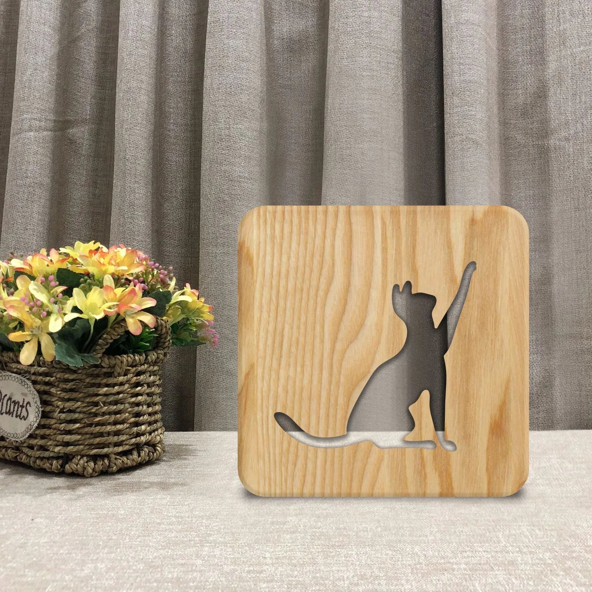 Wooden cat-shaped 3D night light with hollow design and USB power cord