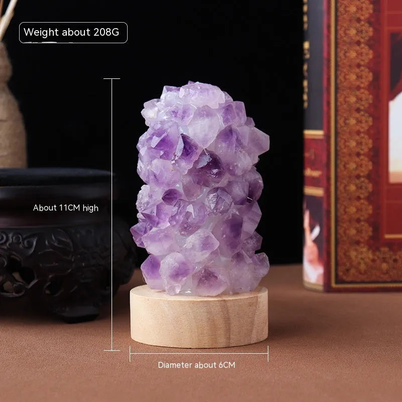 Small amethyst crystal night light with natural tooth flower formations and USB cable