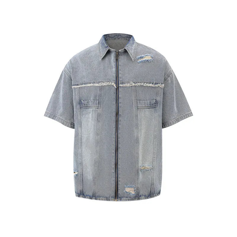 Denim overall suit matching set with short sleeve top and trousers in street fashion style