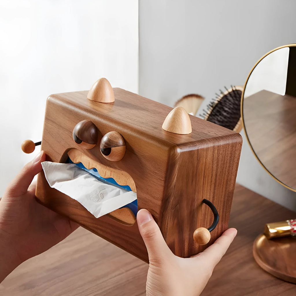Little Monster cartoon design wooden tissue box in walnut beech finish 190x104x125mm