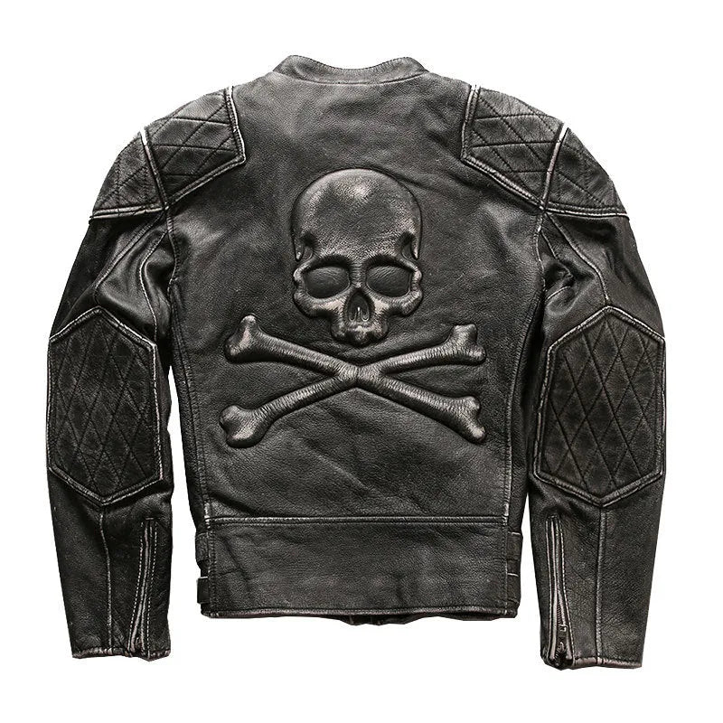 Men's distressed black cropped slim standing collar leather jacket with top layer cowhide