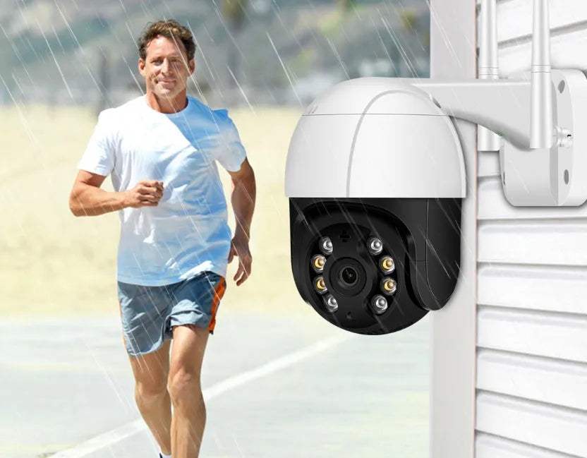 Wireless white PTZ surveillance camera ball machine with dual antennas on ceiling mount