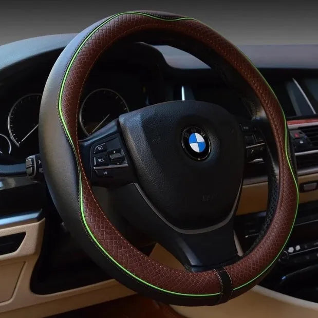 Four seasons high-grade leather steering wheel cover in black, universal fit for most car models