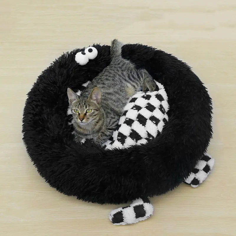 Plush round pet nest bed for small dogs in black, pink, or yellow colours