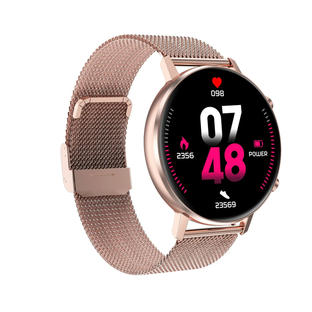 DT96 smart bracelet with 1.3-inch screen on a steel wrist strap.