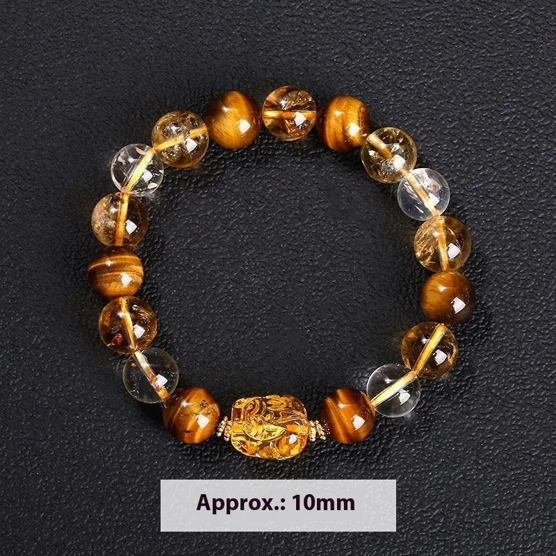 5A natural yellow tiger's eye and citrine bracelet with 10mm geometric beads and a beeswax pi xiu charm.