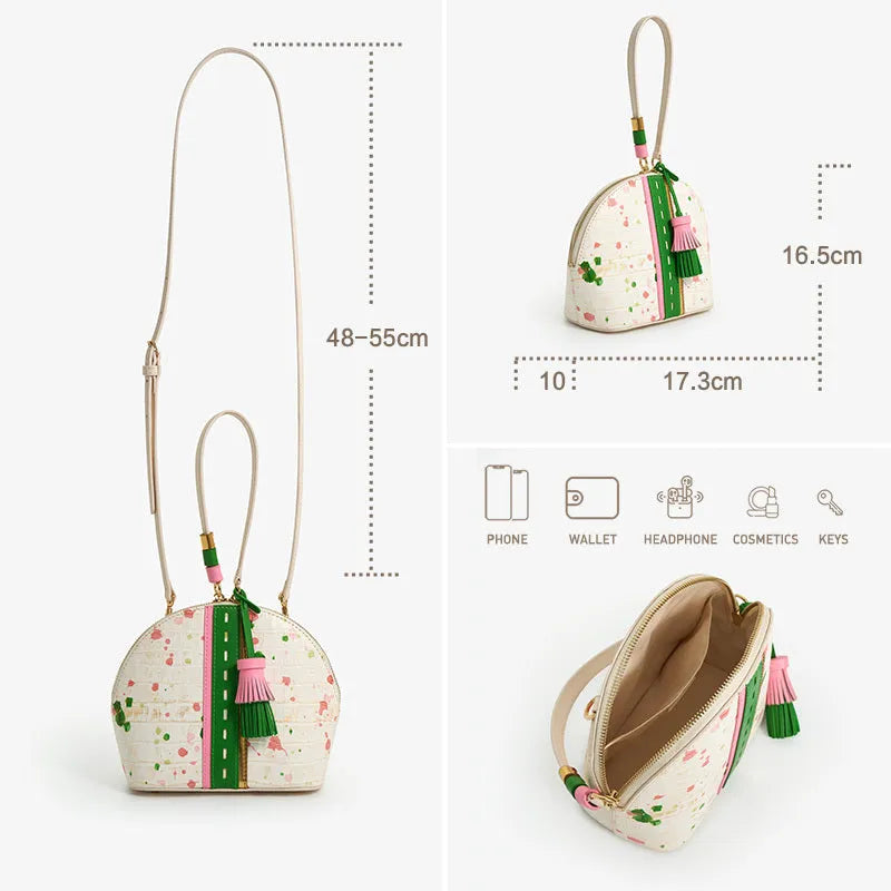 Women's genuine cow leather shell shape tassel handbag in Gypsophila colour with zipper closure