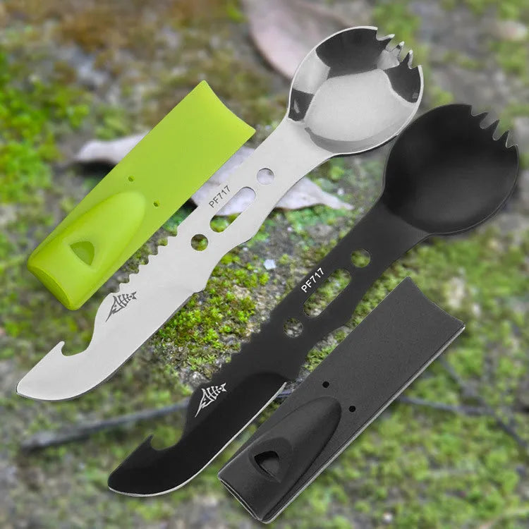 Outdoor spoon fork knife set with whistle camping tool 15.7cm stainless steel black silver