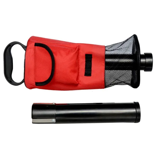 Red detachable portable ball retriever with large nylon zipper bag and plastic handle for golf outdoors