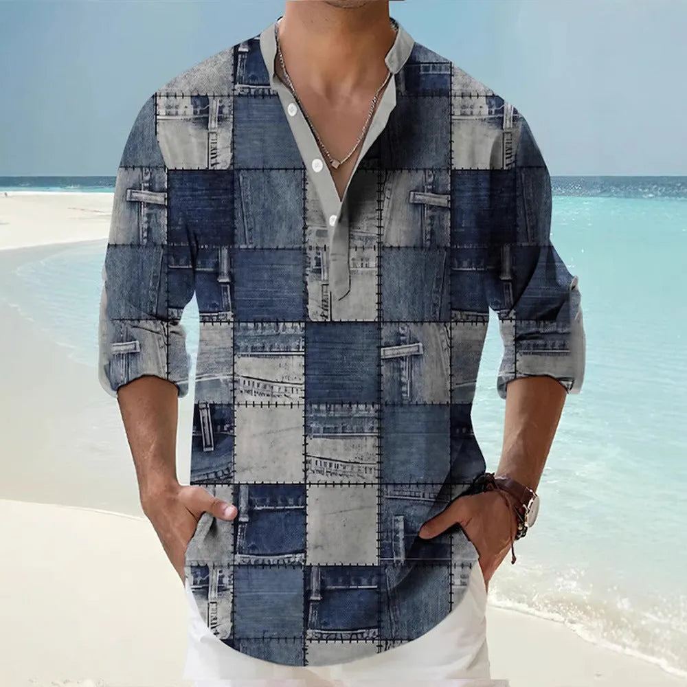 Man wearing a thin, striped Hawaiian-style long sleeve casual shirt in a digital bamboo linen fabric.