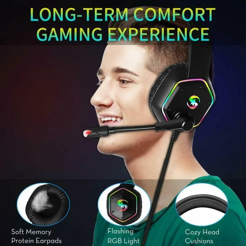 Black RGB gaming headset with soft PU leather earmuffs and 3.5mm USB cable