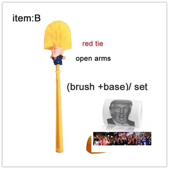 Yellow plastic Donald Trump novelty toilet brush with hanging slot, 40cm length