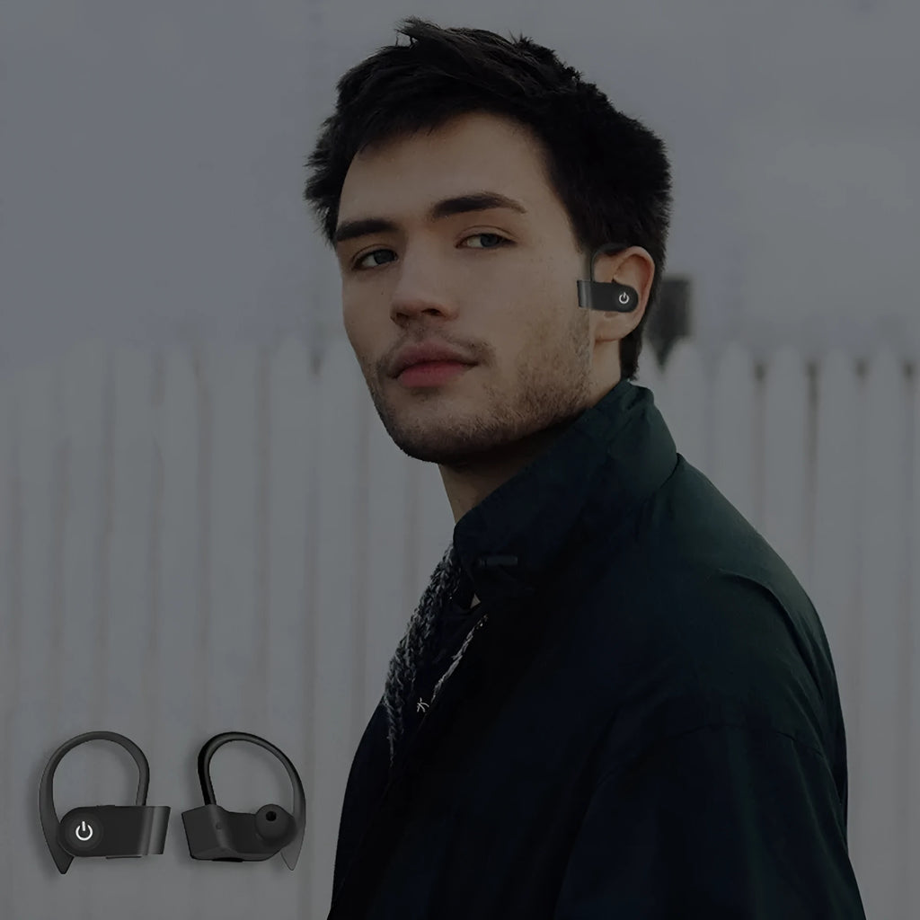 Black wireless Bluetooth earphones with ergonomic design and inline controls for V5.0 connectivity.
