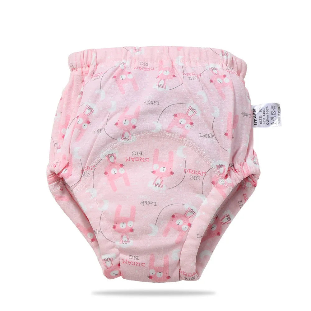 Baby training learning pants in cotton gauze with TPU waterproof layer, shown in panda print on white background