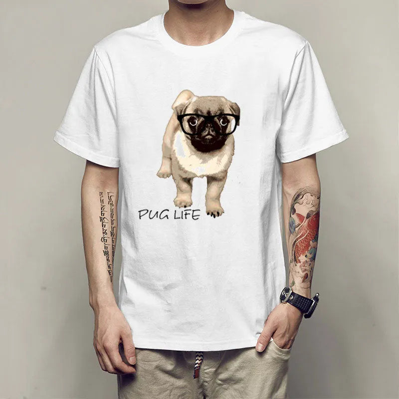 Men's slim-fit short-sleeve T-shirt with humorous pug spoof graphic, round neck, white, available in multiple sizes