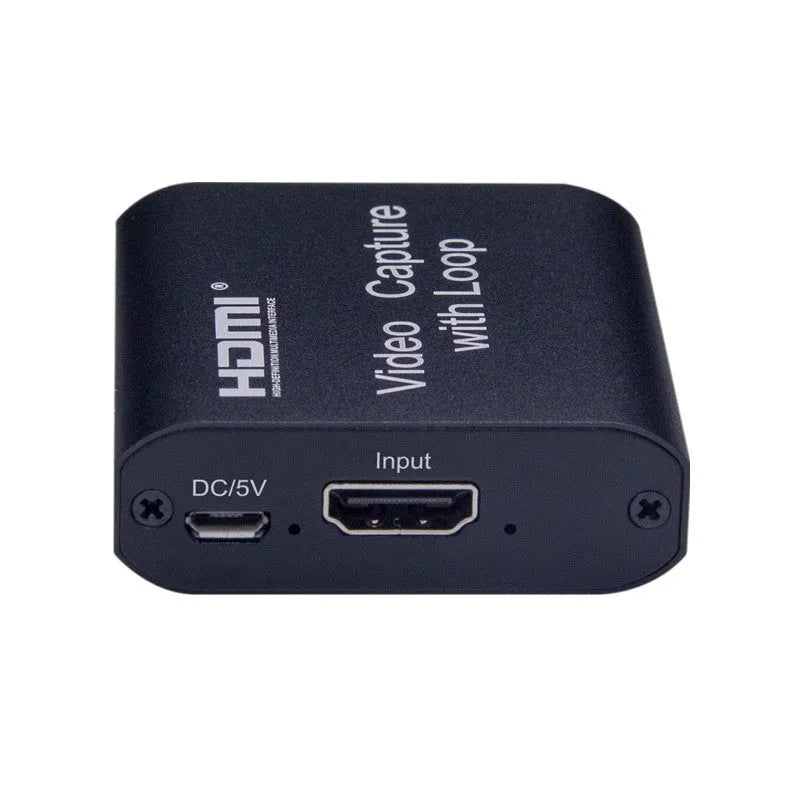 Black HDMI 4K video capture card with USB interface and loop out for high-definition acquisition