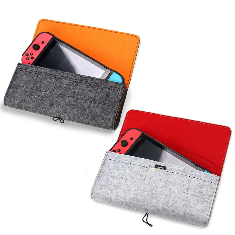 Black felt Nintendo Switch carrying pouch with game card slots and accessory compartments