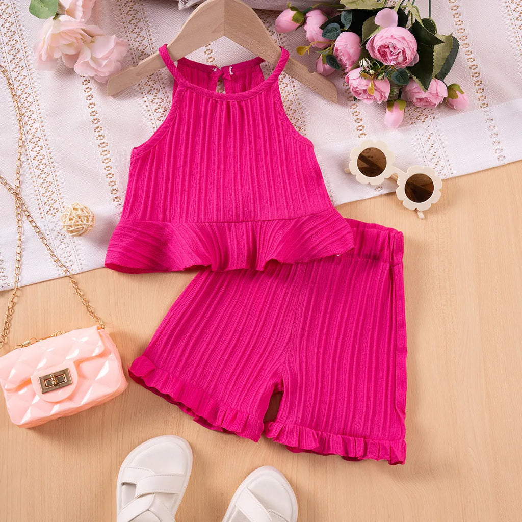Girls cold-shoulder sleeveless vest and shorts two-piece set in polyester, shown in creamy-white, rose red and dark green