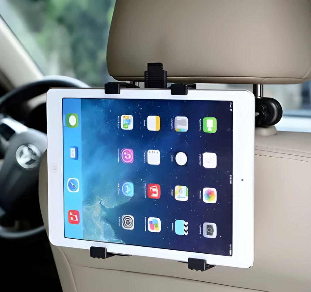 Black universal car tablet holder with adjustable steel mount attached to a car headrest.