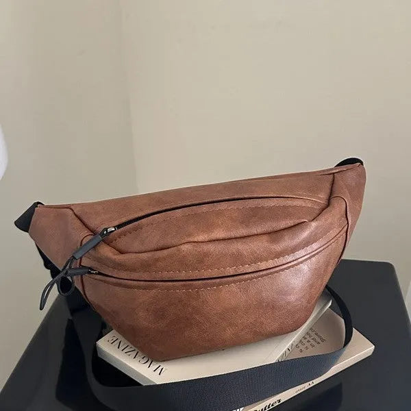 Women's all-match shoulder messenger bag in PU with stitching details, available in black and brown