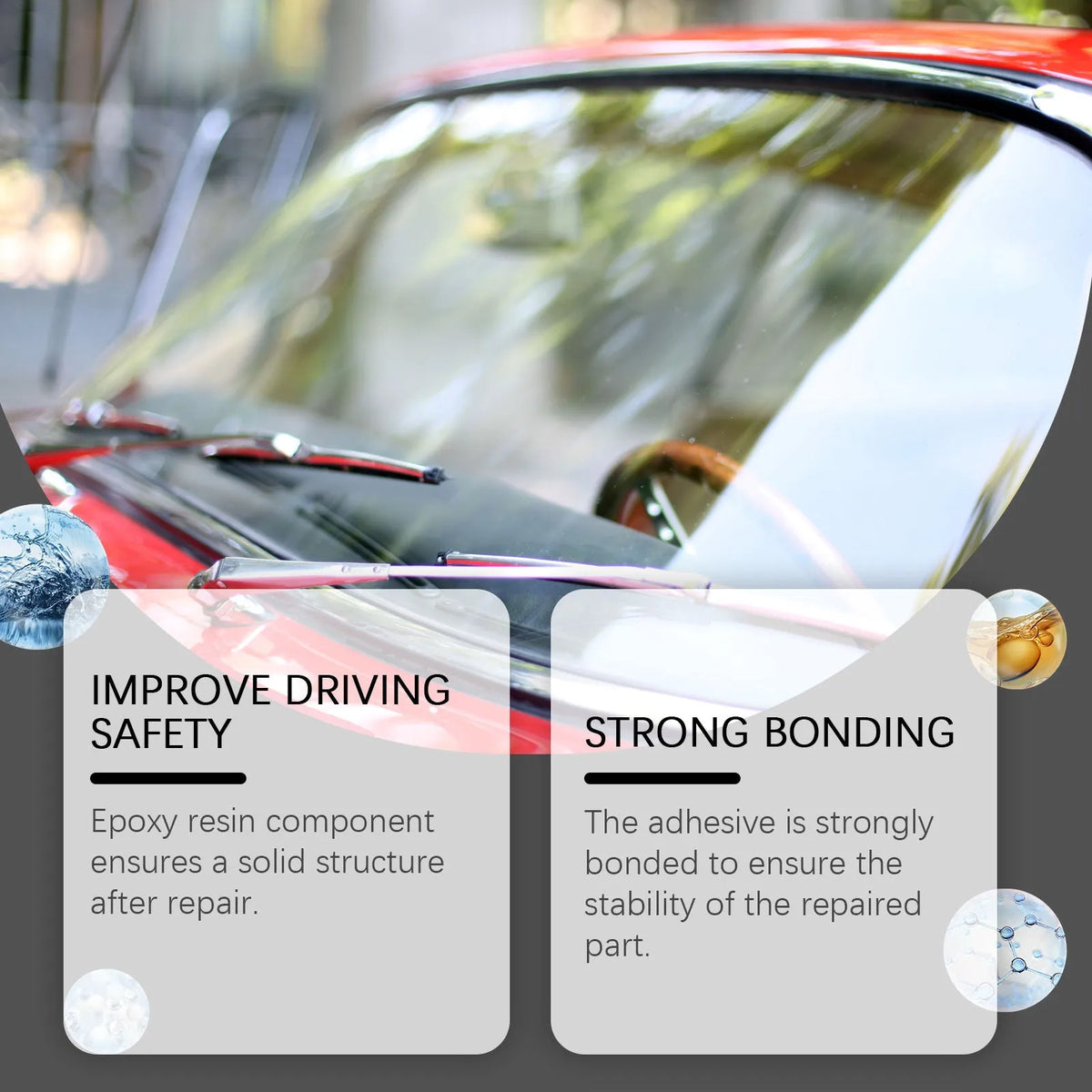 Windshield crack repair kit with 20ml fluid bottle, PET blade, and five cured films for car glass repair.