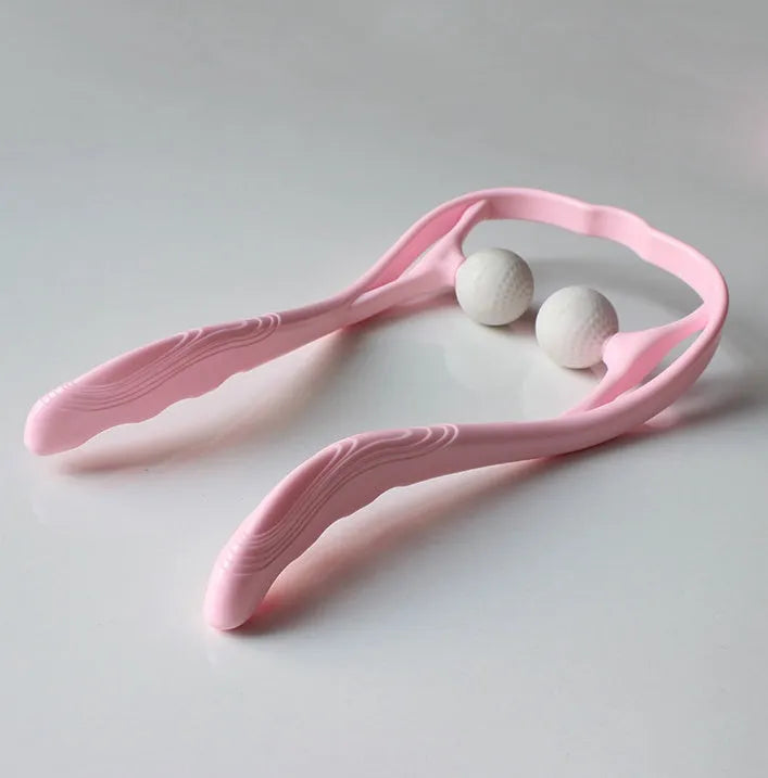 Blue plastic manual neck massager with adjustable stand and 3D floating-point rollers on a white background.