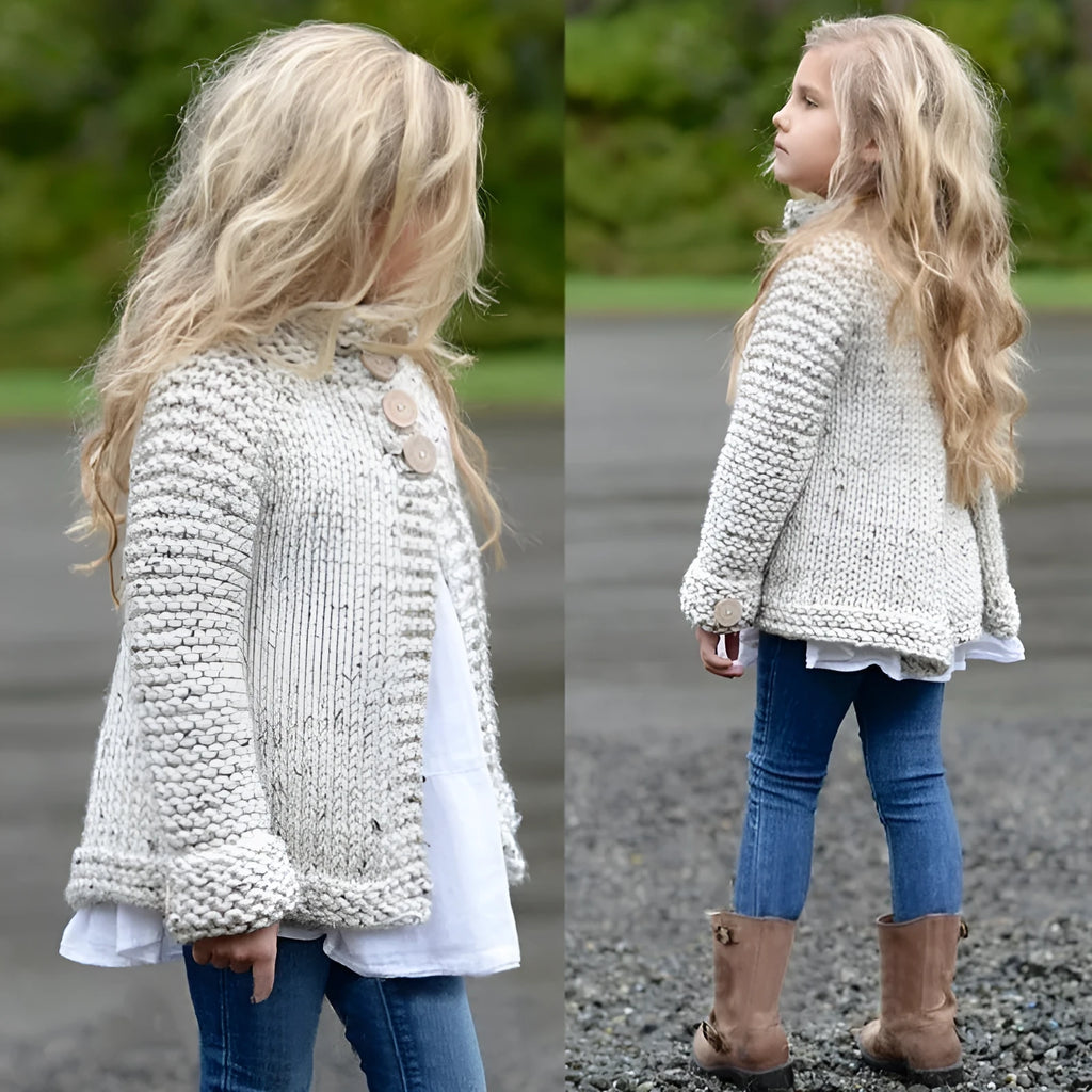 Beige girls cardigan sweater coat with long sleeves and single-breasted front