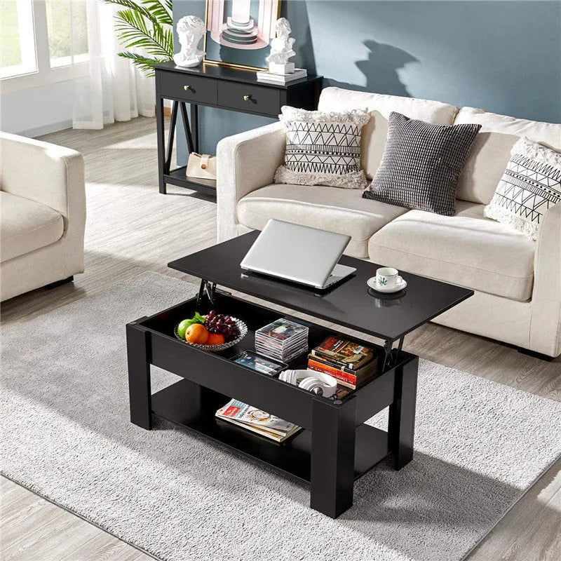 Black lifting coffee table with plate-type top and adjustable height mechanism in modern design