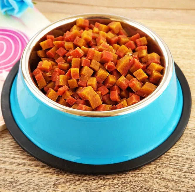 Stainless steel and colourful melamine dual pet bowl with non-slip base for food and water feeding