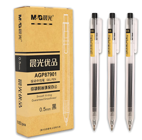 Set of twelve black retractable gel pens with frosted matte barrels and two spare refills.