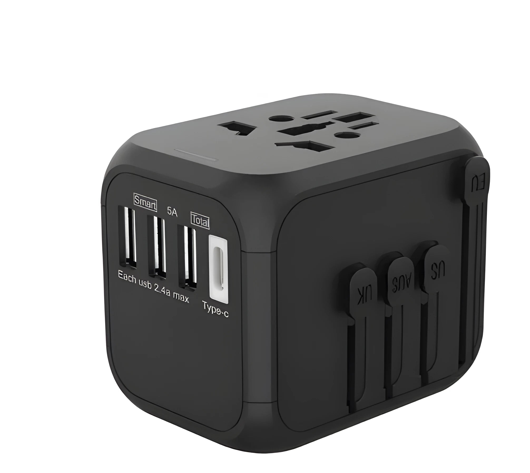 Black international conversion plug with 6 connection holes showing dimensions 56.5 x 67 x 52mm