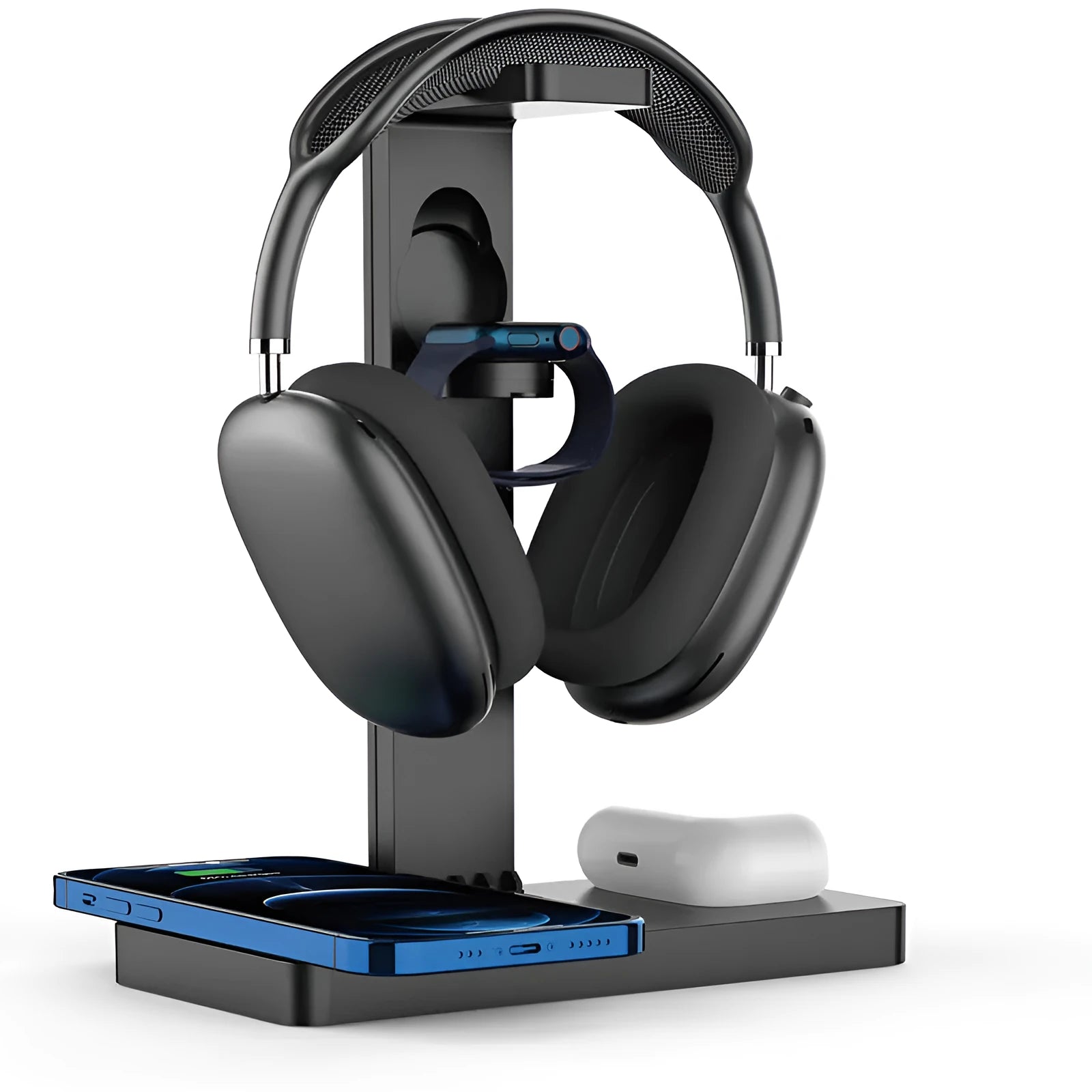 Black multi-device wireless charging station for phone, watch and headset with LED indicators