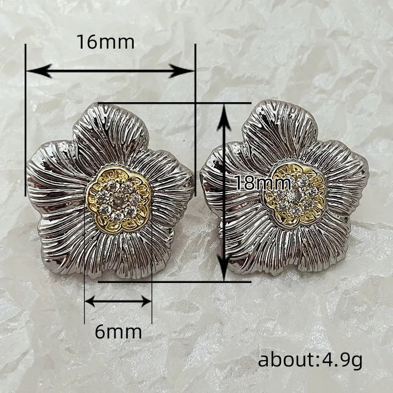 Pair of copper gardenia stud earrings with textured petals in a two-tone electroplated finish
